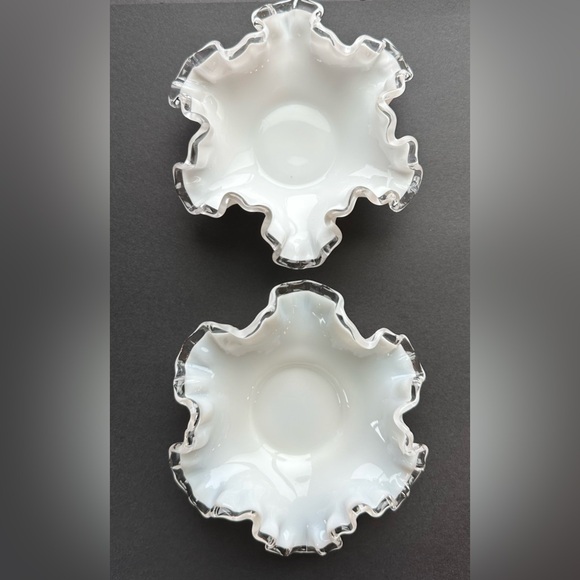 FENTON Milk Glass Silver Crested Ruffled Edge Candy Trinket Dish Duo 6”Dia 2”H - Picture 5 of 12